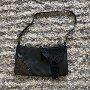 Chateau Black Shoulder Bag with Butterfly Detail Bronze hardware